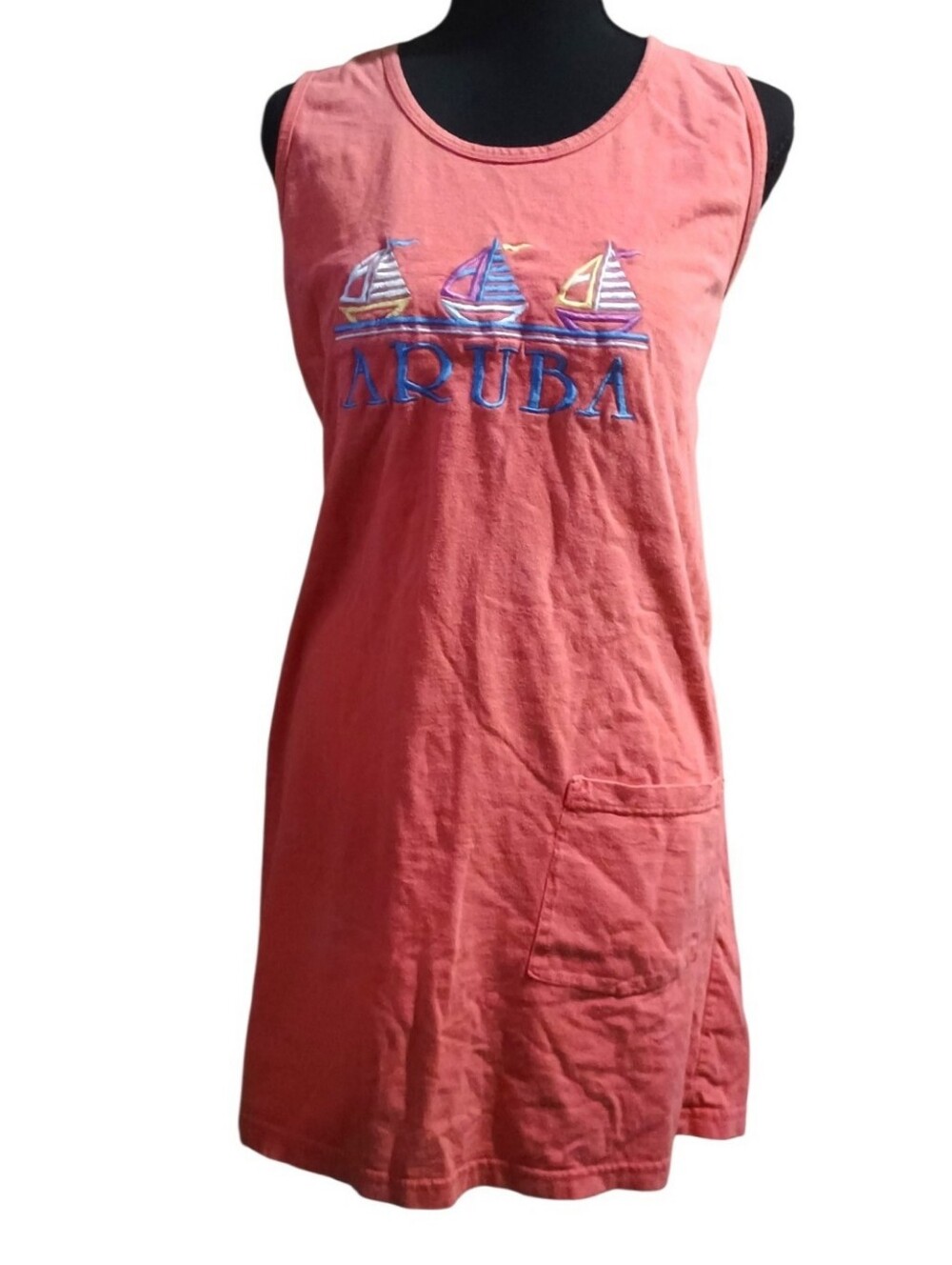 Cover-up Tank Dress Swimwear Aruba Embroidered Sailboat Beach W/Pocket One Size - Picture 6 of 10
